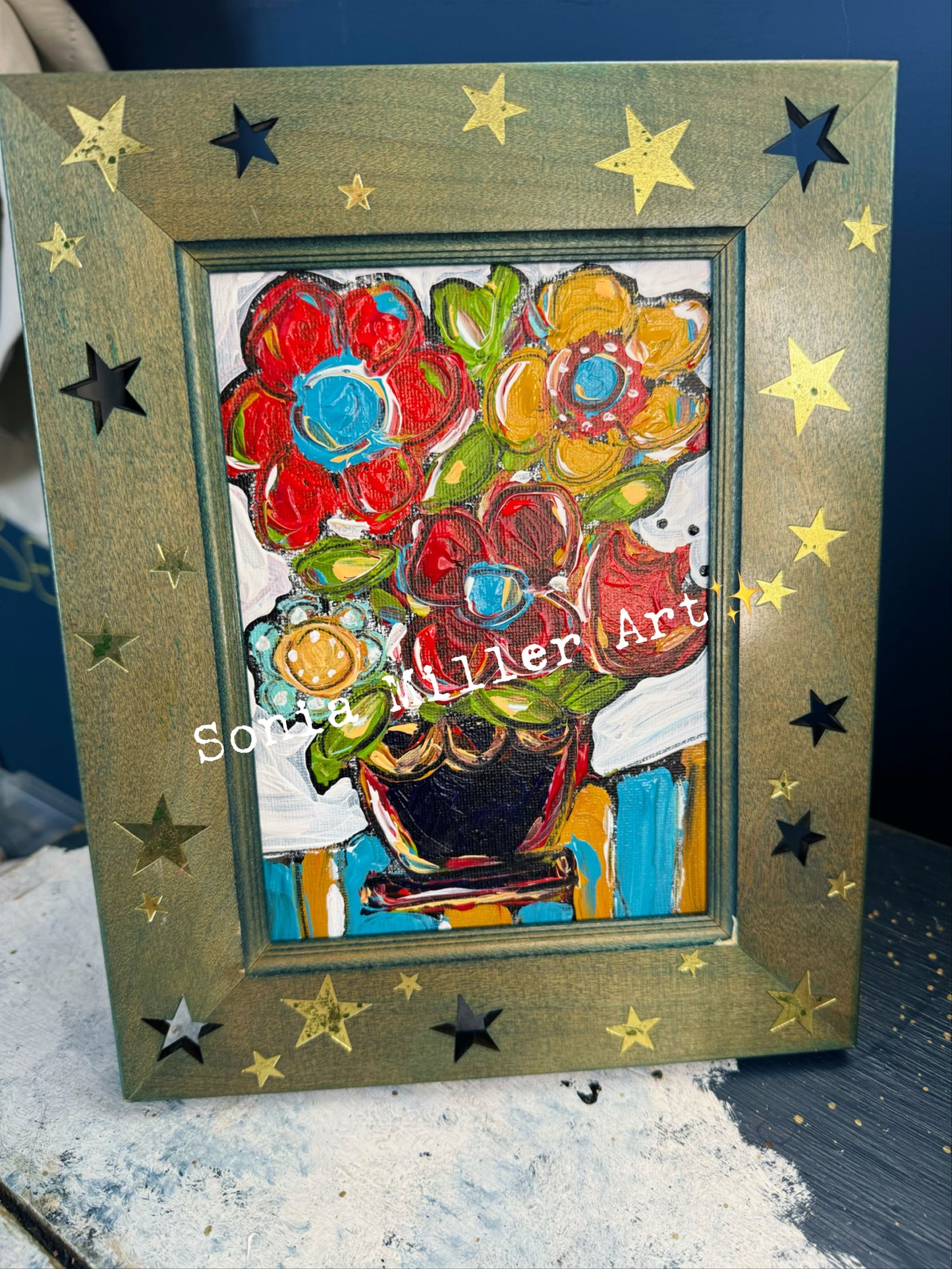 Original Art 5x7 In Thrifted Frame “Flowers & Stripes” #2