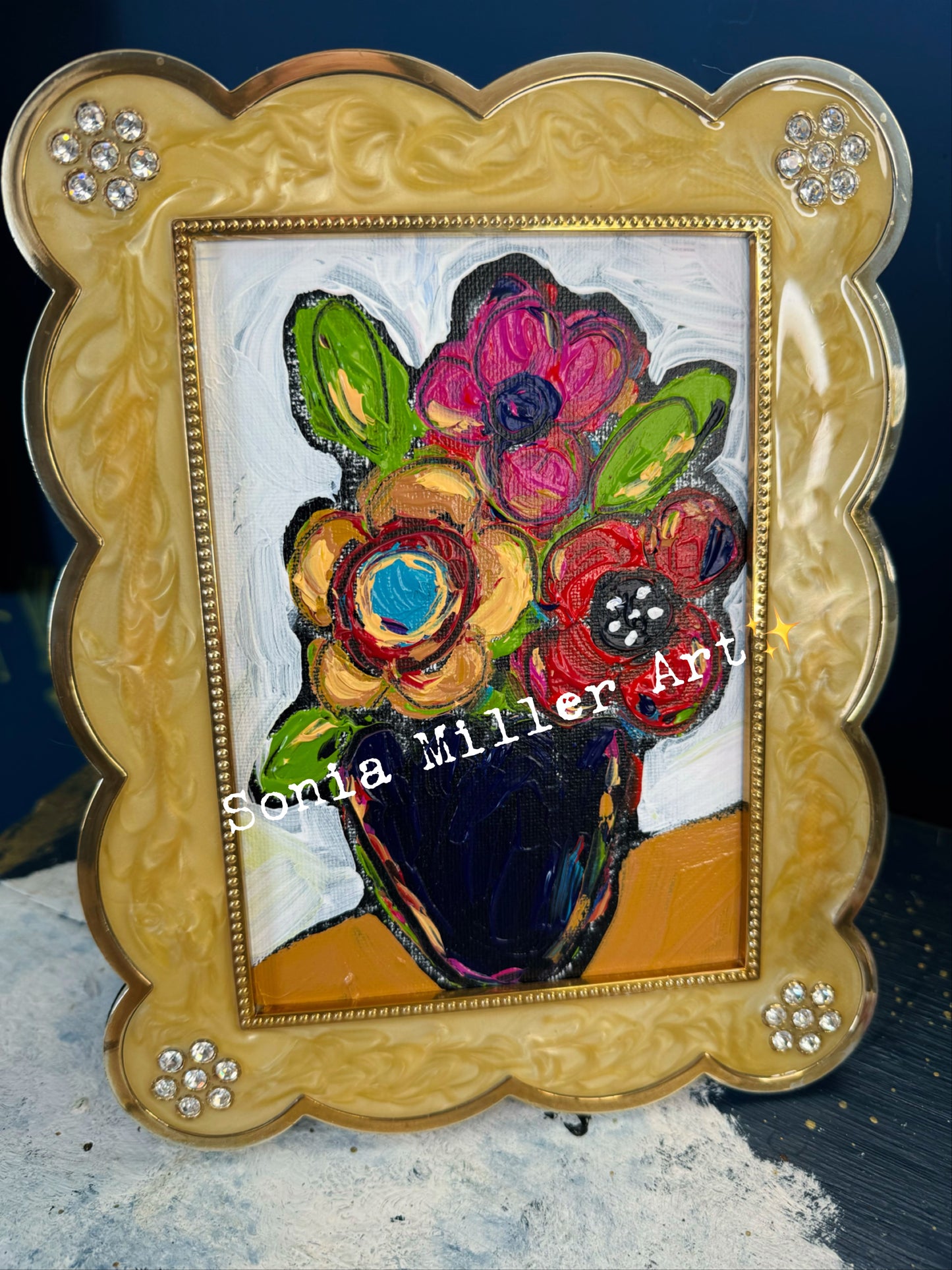 Original Art 5x7 In Thrifted Frame “Vase of Posies” #3