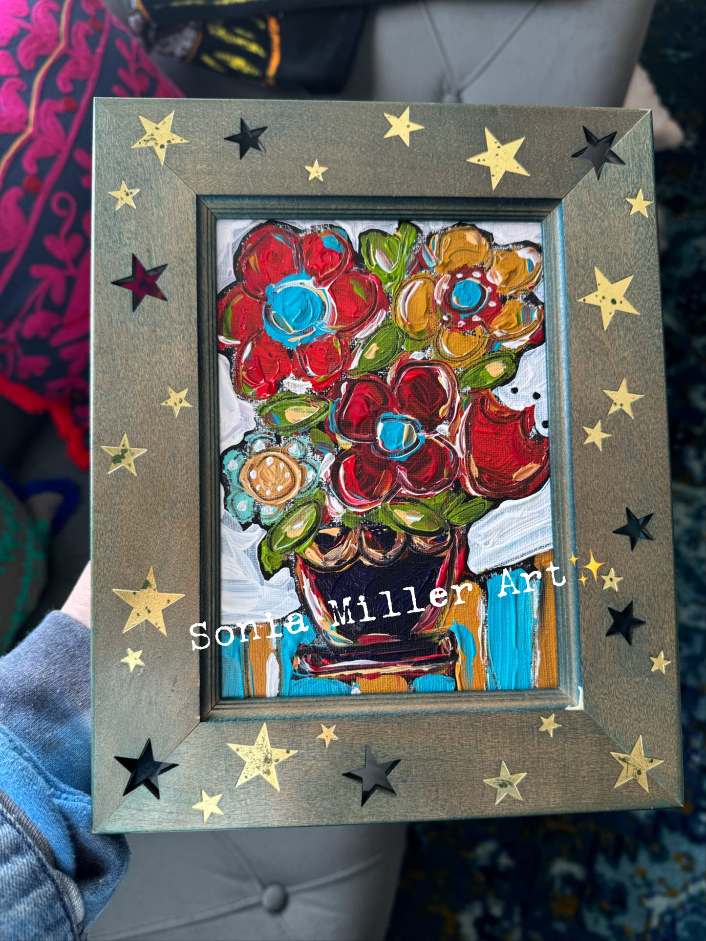 Original Art 5x7 In Thrifted Frame “Flowers & Stripes” #2