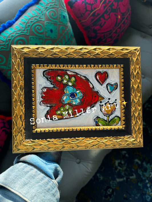 Original Art 5x7 In Thrifted Frame “Red Bird” #1