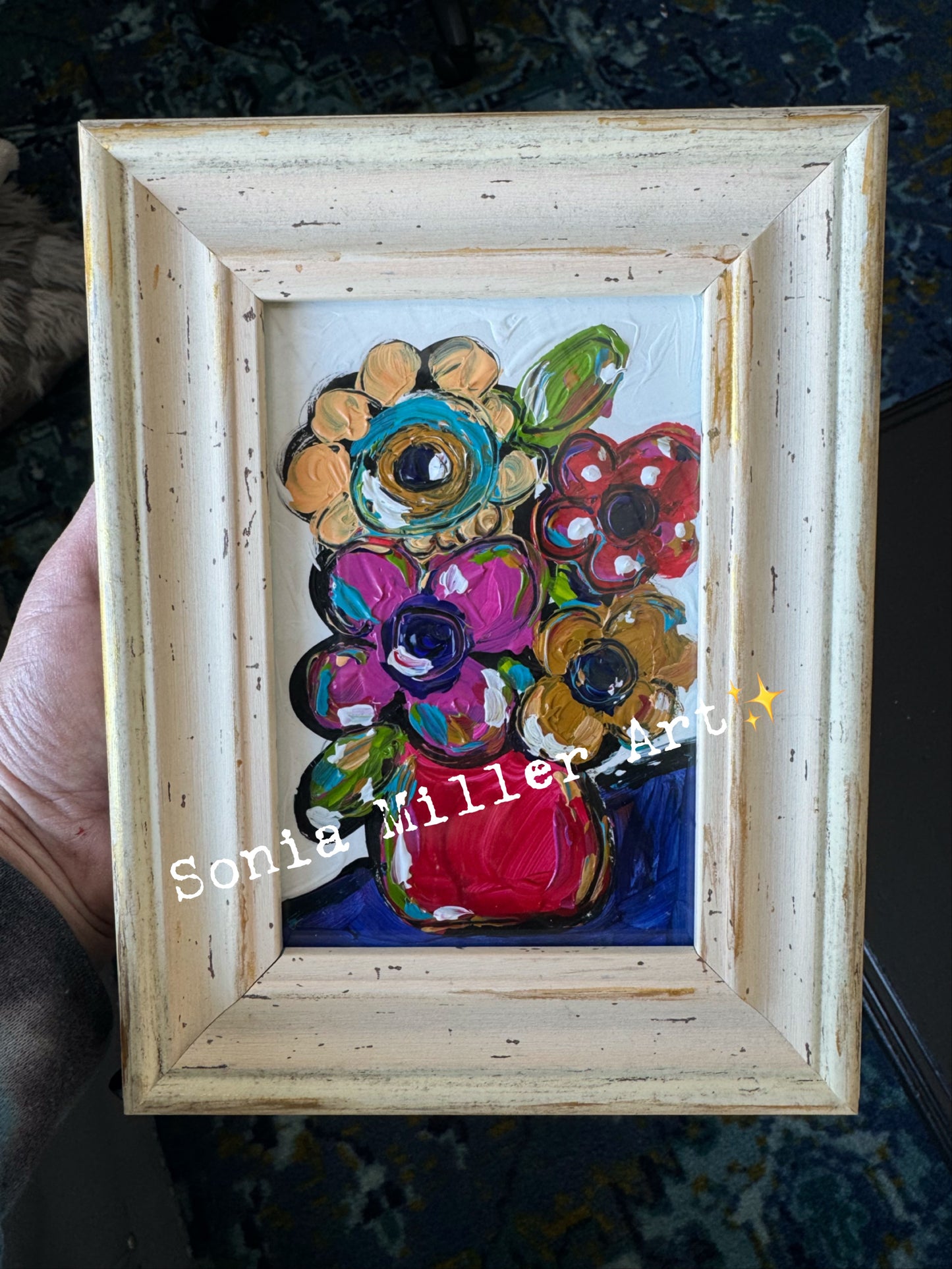 Original Art 4x6” In Wooden Thrifted Frame “Polka Dot Posies” #4